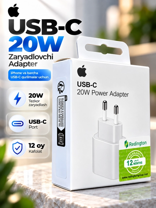 Apple USB-C 20W Power Adapter A2344, tezkor zaryadlovchi adapter, EU 2-pin, oq - 