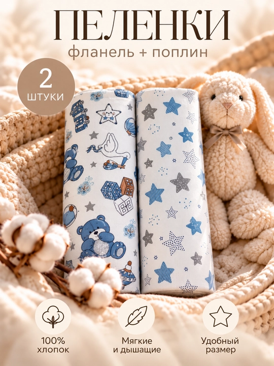 Набор пеленок, для новорожденных, 2 шт, теплая и тонкая, 100% хлопок, для роддома - 