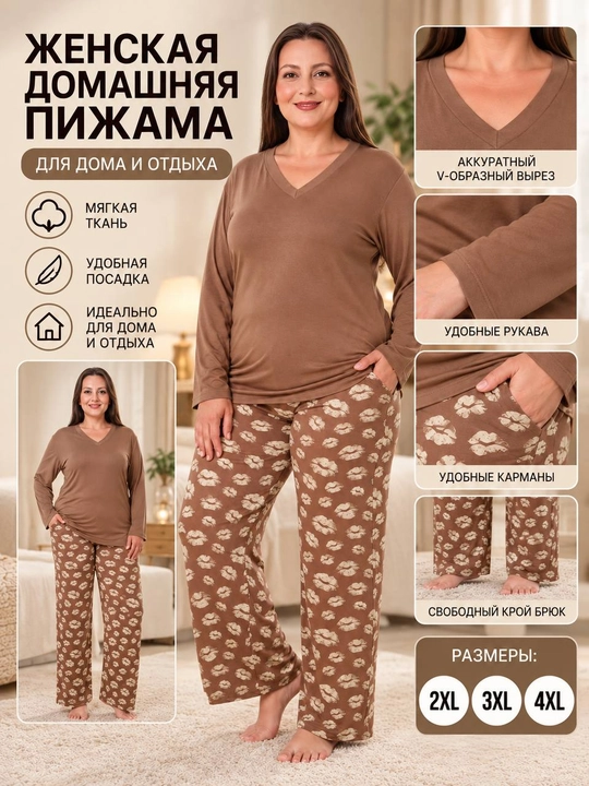 Женский домашний костюм Big Size 2XL–4XL, женская пижама для дома и отдыха - 