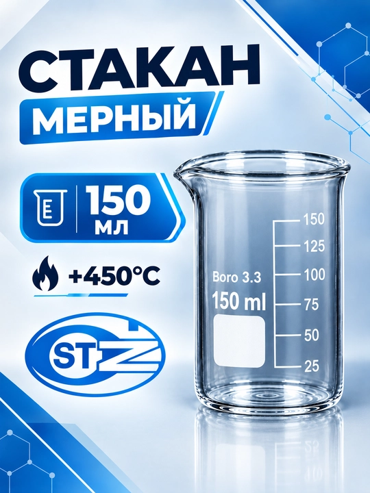 Лабораторный мерный стакан, стеклянный стакан 150 мл, стакан лабораторный низкий,