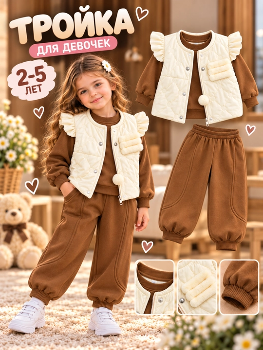 Комплект для девочек, жилет, кофта, брюки 2-5 лет - 
