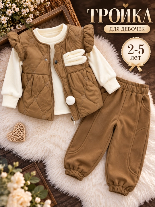 Комплект для девочек, жилет, кофта, брюки 1-5 лет