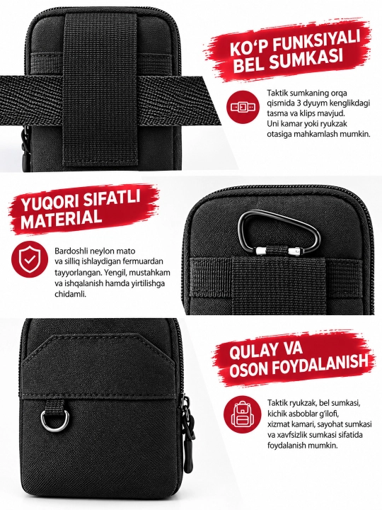 Erkaklar uchun neylon taktik kamar sumkasi, o'lchami: 10x4x18 sm