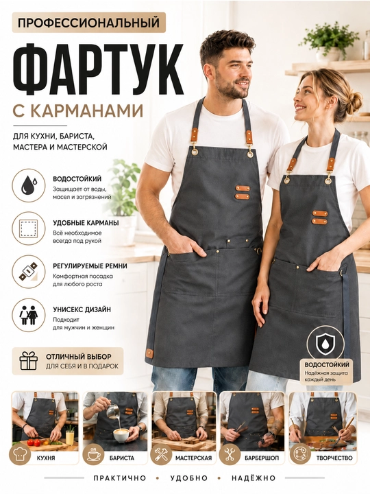 Фартук кухонный универсальный водоотталкивающий, регулируемый, профессиональный для кухни - 