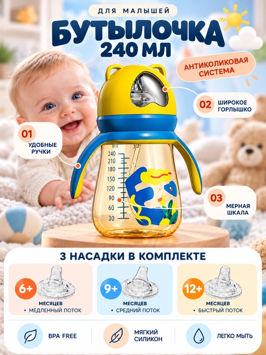 Детская антиколиковая бутылочка для кормления, непроливайка, с ручками и тремя насадками - 