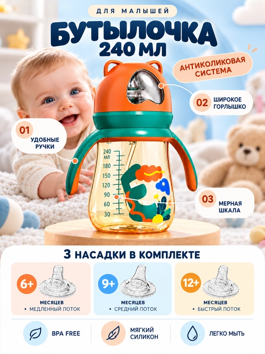 Детская антиколиковая бутылочка для кормления, непроливайка, с ручками и тремя насадками - 