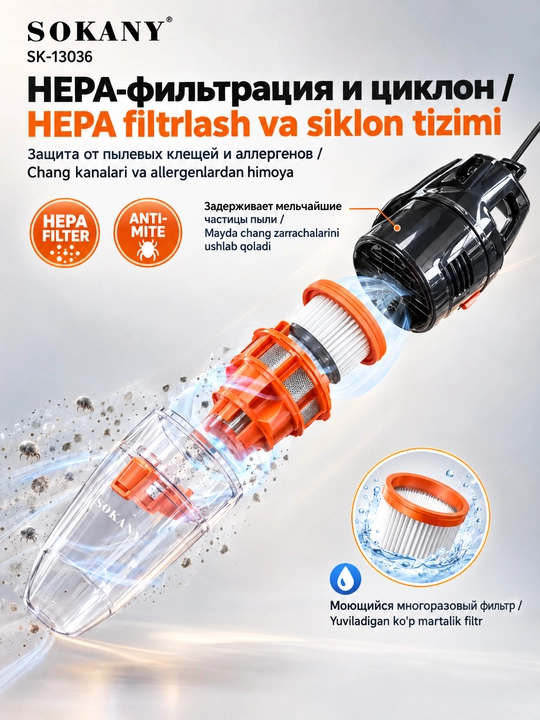 Пылесос SOKANY SK-13036 2-в-1 вертикальный ручной,3000 Вт, проводной, фильтр HEPA для дома