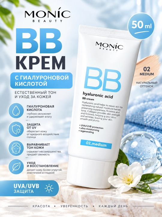 BB-крем для лица MONIC BEAUTY тональный, с гиалуроновой кислотой 02. Light 50 мл - 
