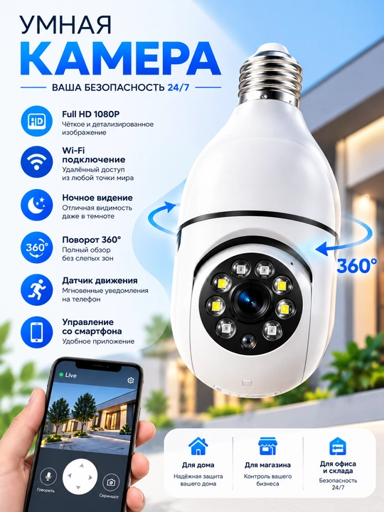 Камера видеонаблюдения, Умная Wi-Fi камера, камера 360 Full HD
