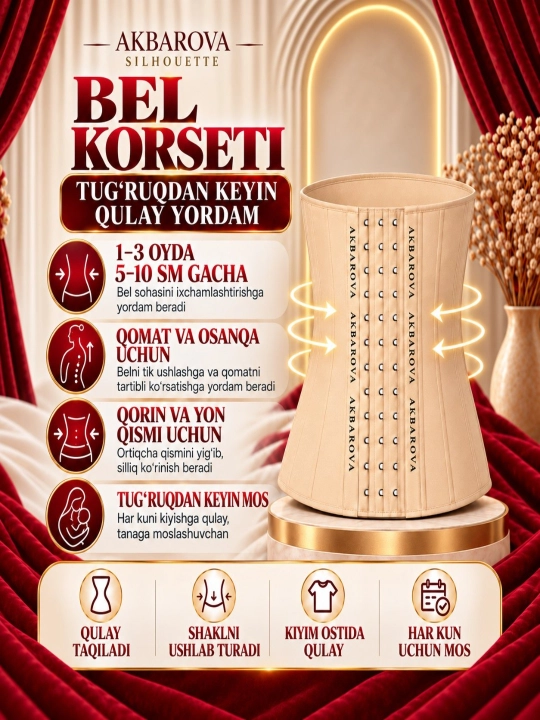 Ozdiruvchi tortuvchi bel korseti, bel va orqa uchun, mashg‘ulotga, Akbarova Xonzoda - 