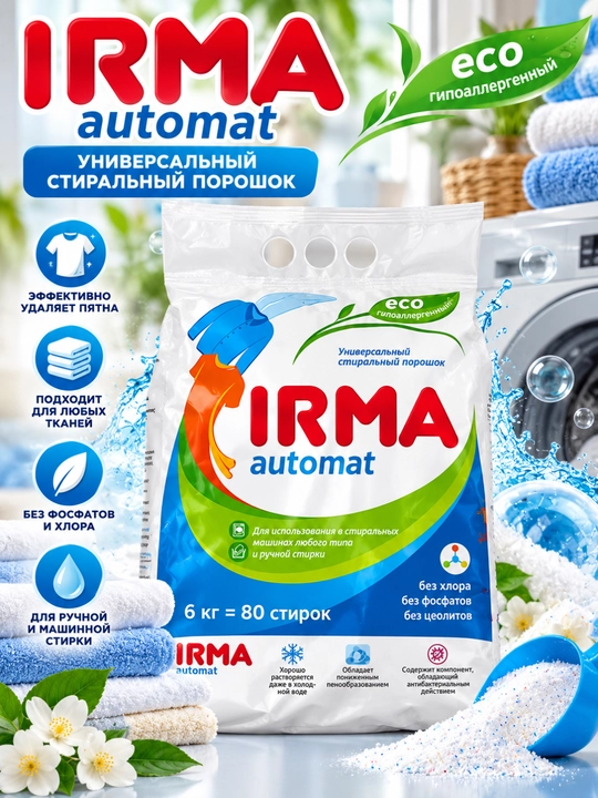 IRMA Automat, 6 kg, kir yuvish kukuni, avtomat va qo‘lda yuvish uchun universal kukun - 