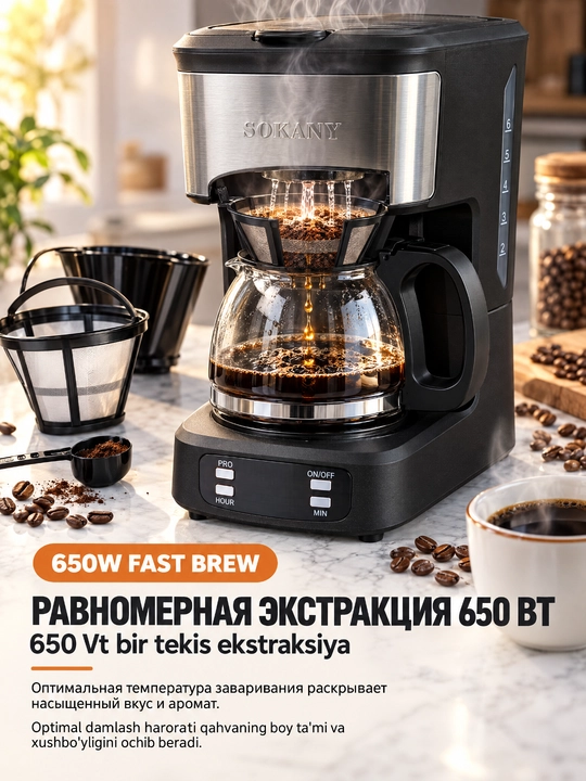 SOKANY SK-04044 tomchilab qahva qaynatgich, 650Vt, 750ml, uy va ofis uchun taymer bilan