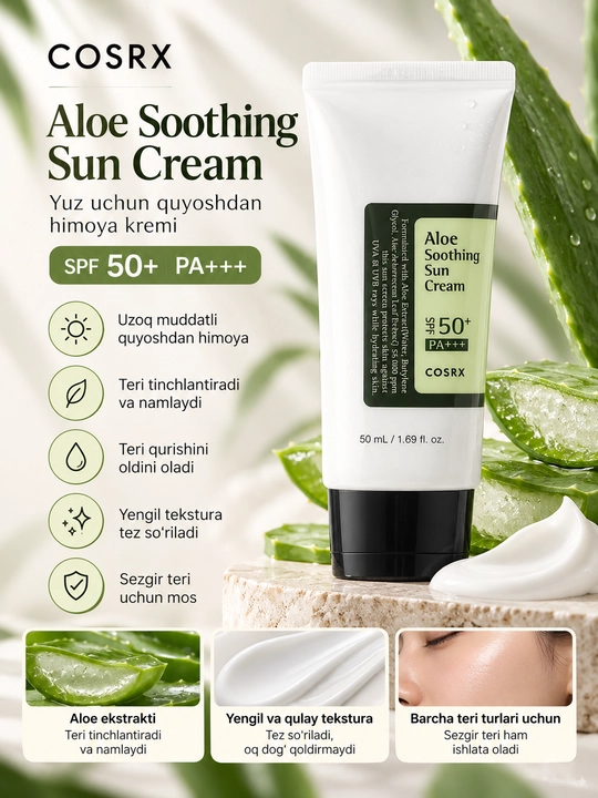 Quyoshdan saqlovchi krem COSRX Aloe Soothing Sun Cream SPF50+ PA+++, 50 ml
