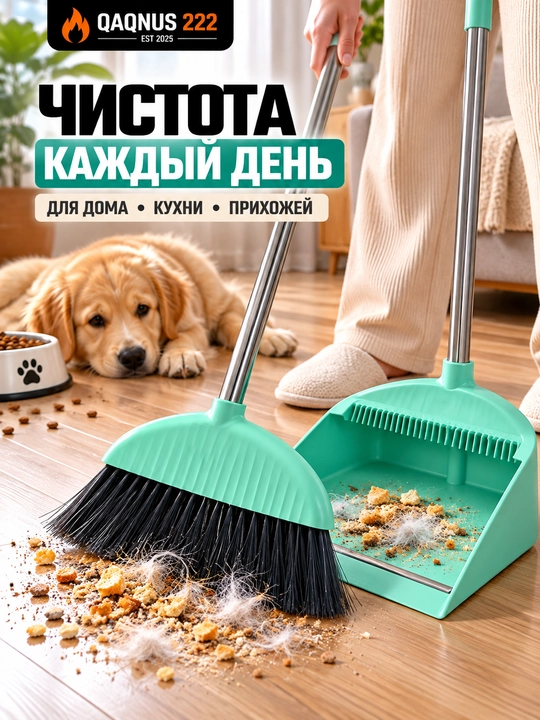 Набор для уборки: щетка с длинной ручкой и совок, комплект для дома