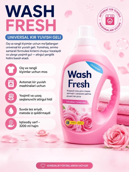 Гель для стирки Wash Fresh, 1500, 3200, 5200 мл — чистота и приятный аромат - 