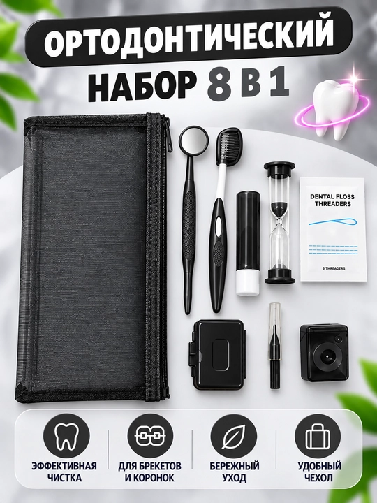 Ортодонтический набор для брекетов 8в1, зубная щетка, межзубная чистка, нити - 