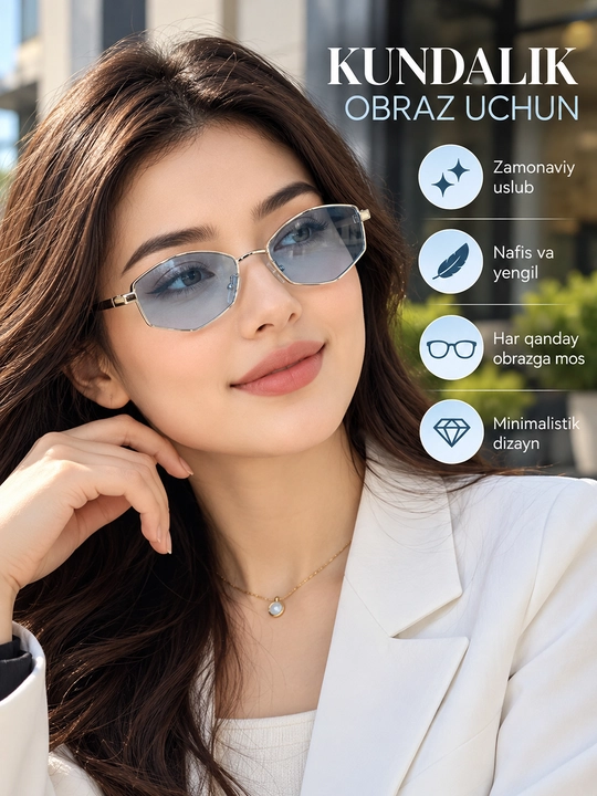 Ayollar uchun geometrik ko‘k linzali metall ko‘zoynak premium sifat - 