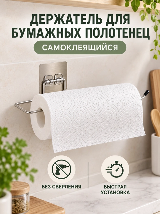 Держатель органайзер подставка для бумажных полотенец и рулонных салфеток самоклеящийся - 