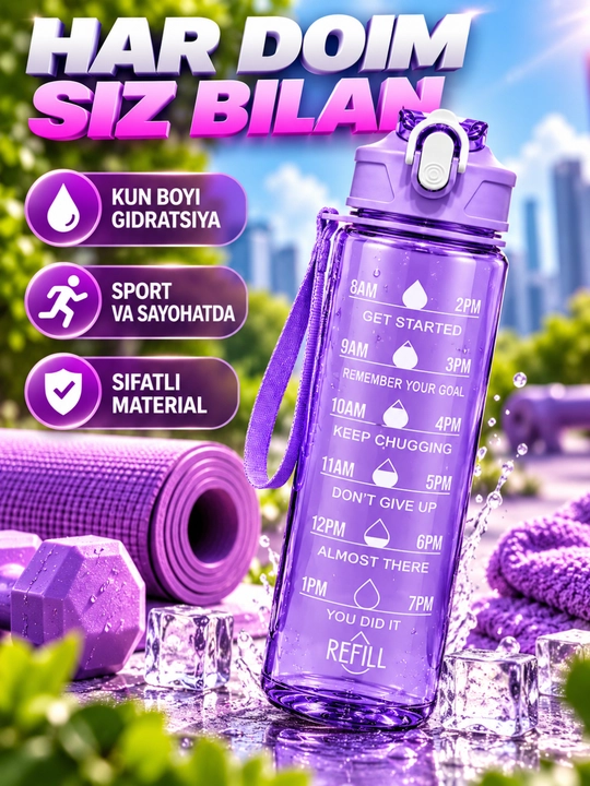 Sheyker sport uchun idish vaqt belgili tasmali katta suv butilkasi