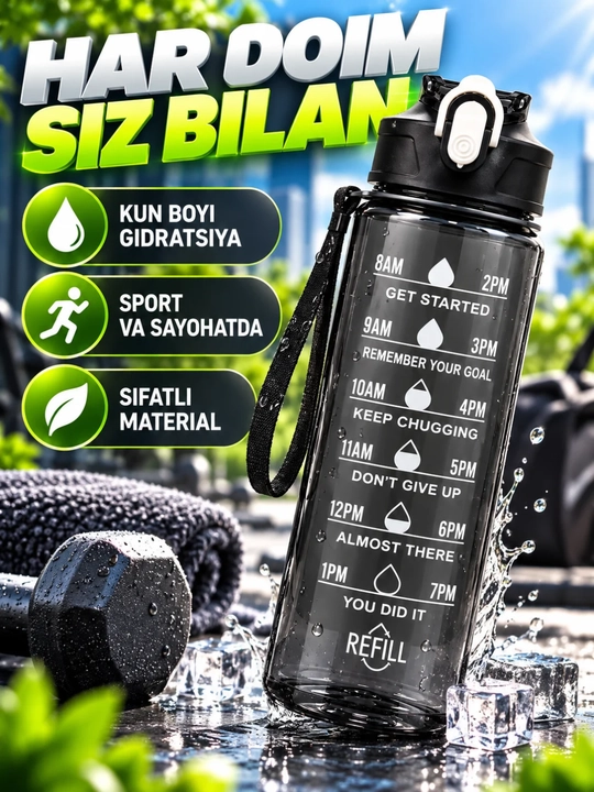 Sheyker sport uchun idish vaqt belgili tasmali katta suv butilkasi - 