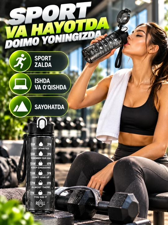 Sheyker sport uchun idish vaqt belgili tasmali katta suv butilkasi