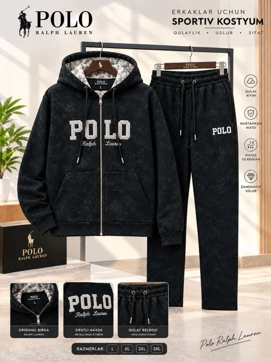 Erkaklar uchun sportiv kostyum POLO Ralph Lauren, huddi va shim, qora rang, zamonaviyL–3XL - 