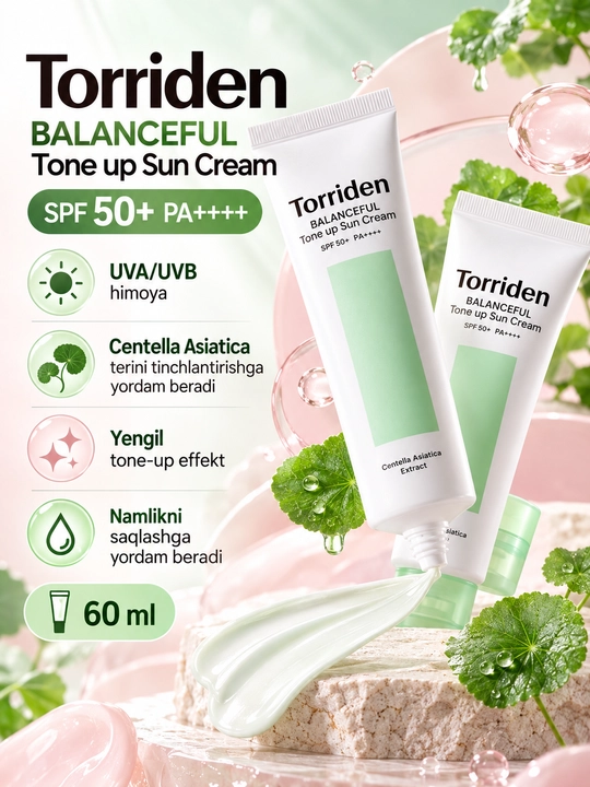 Torriden BALANCEFUL Tone Up Sun Cream SPF50+ PA++++ — Centella bilan quyoshdan himoya krem