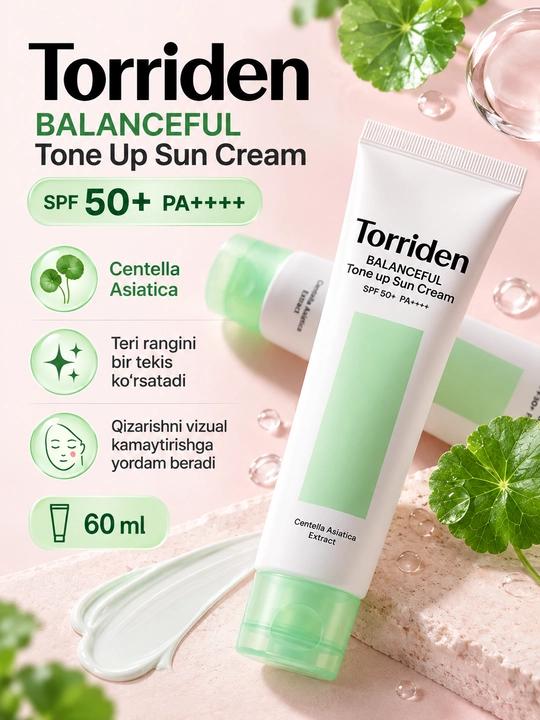 Torriden BALANCEFUL Tone Up Sun Cream SPF50+ PA++++ — Centella bilan quyoshdan himoya krem