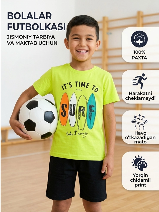 Bolalar futbolkasi o'g'il bola uchun paxta, och yashil yorqin, SURF printli, BLAST KIDS - 
