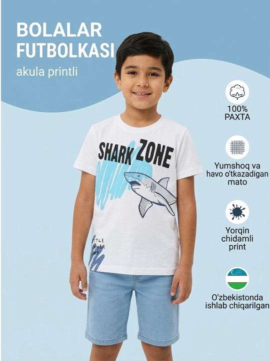 O‘g‘il bolalar uchun akula bosma naqshli oq paxta bolalar futbolkasi - 