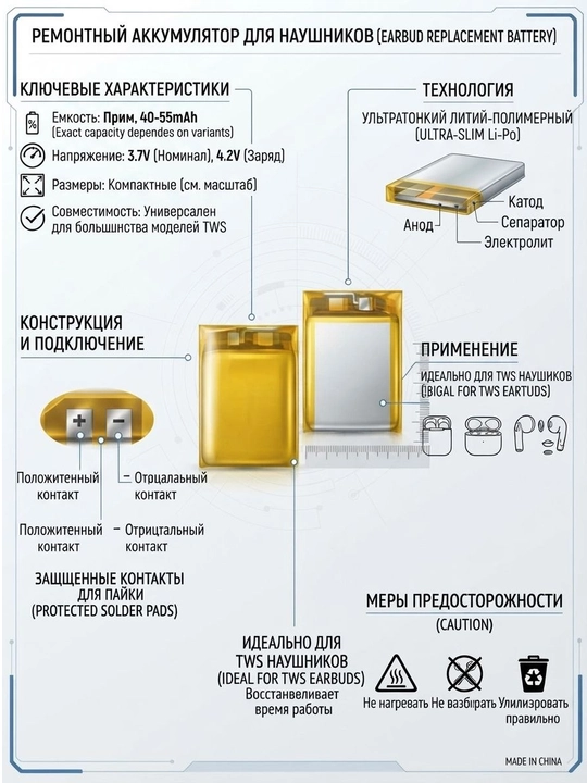 Аккумулятор для TWS наушников Li-Po 3.7V 40–55mAh ремонтный
