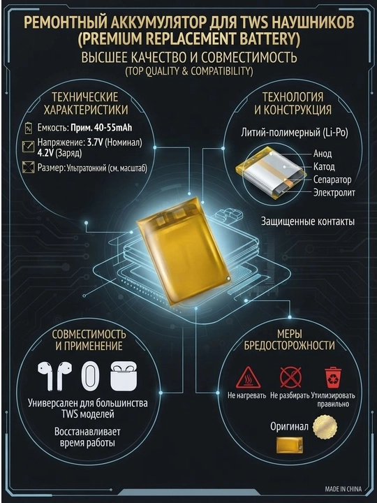 Аккумулятор для TWS наушников Li-Po 3.7V 40–55mAh ремонтный
