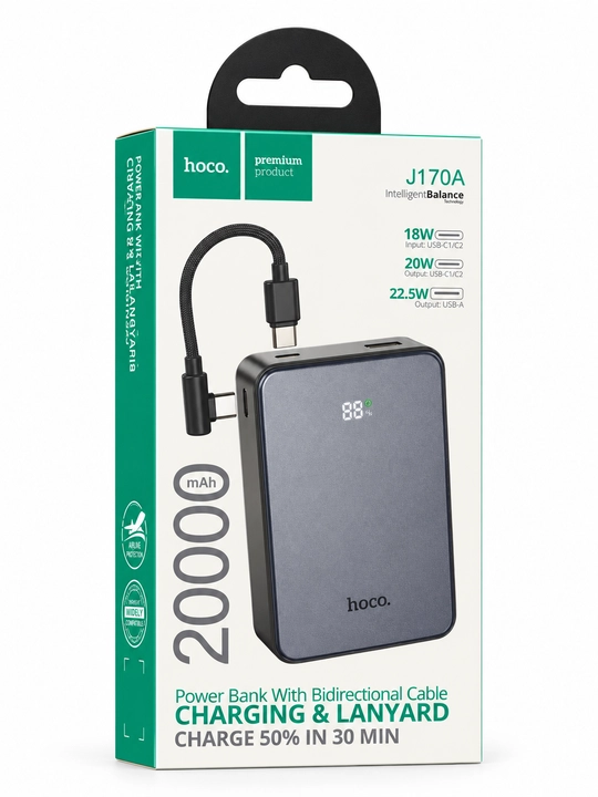 Повербанк HOCO J170A, 20000 мА·ч, 22,5 Вт, PD 20 Вт, с кабелем USB-C и дисплеем