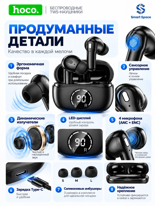 Simsiz naushnik HOCO EQ22 TWS, Bluetooth 5.4, ANC + ENC, 10 mm, LED displey