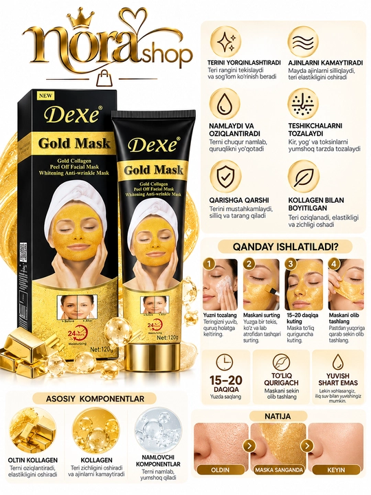 Gold maska - oltin maska, qora nuqtalarga qarshi maska, poralarni toraytiruvchi maska