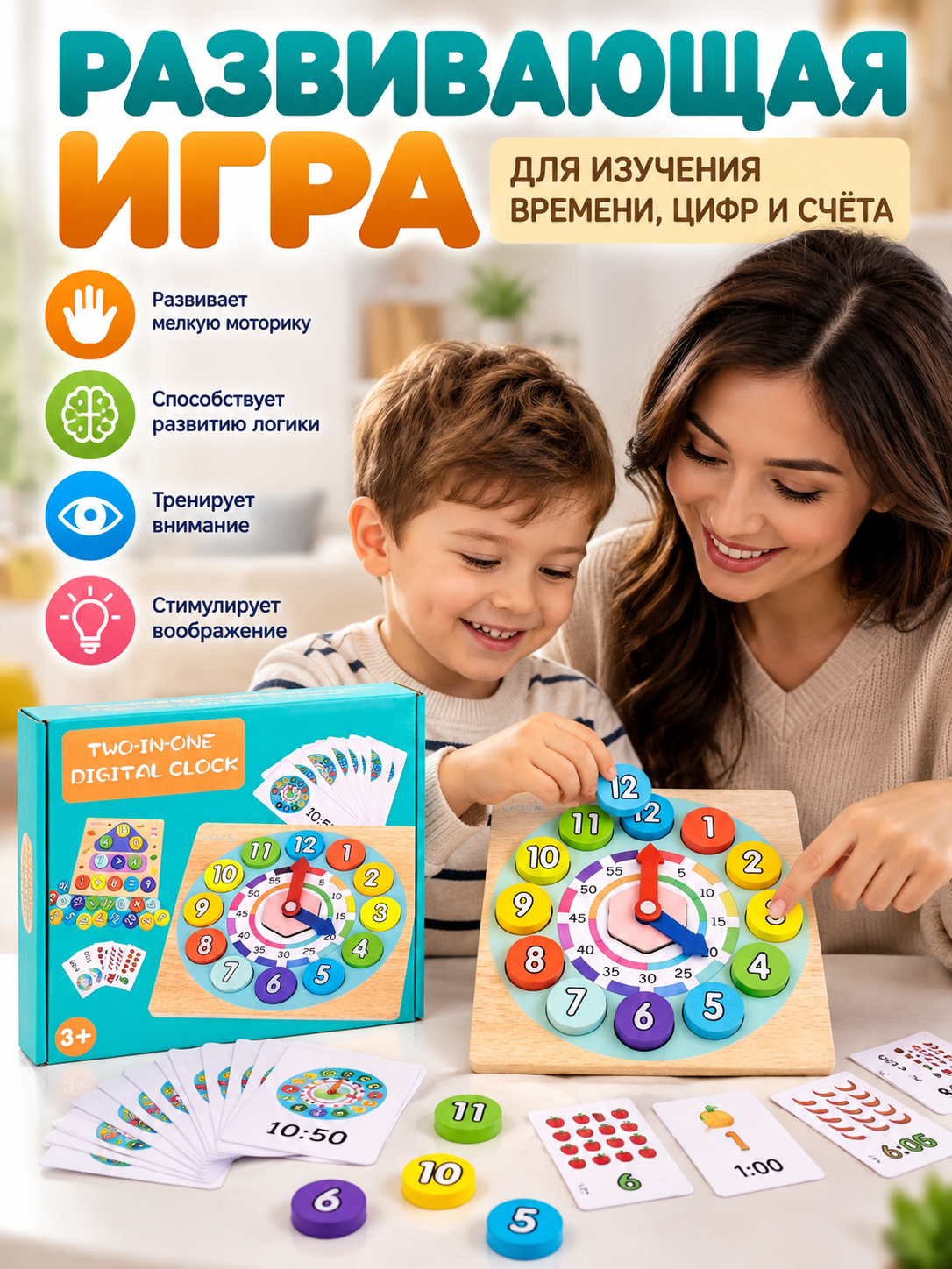 Развивающая игра «Часы 2-в-1» — время, цифры и математика, 3+
