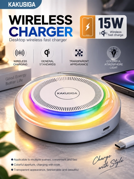 KAKUSIGA Simsiz Quvvatlagich 15W Qi RGB Yoritgichli Shaffof Stol Ustki - 