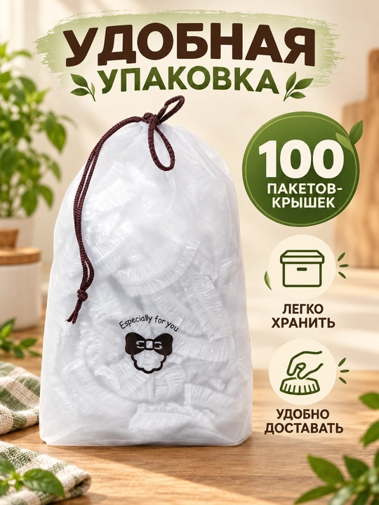 Крышки пакеты на резинке пищевые для посуды, 100 шт