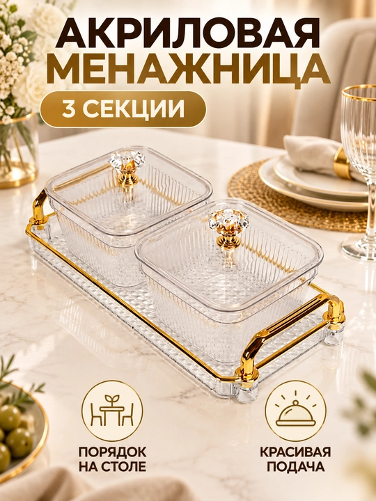 Менажница акриловая с крышкой и подставкой, для сухофруктов, орехов и сладостей
