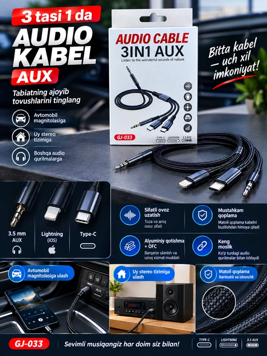 3 tasi 1 da AUX audio kabel — Type-C, Lightning va 3,5 mm AUX - 