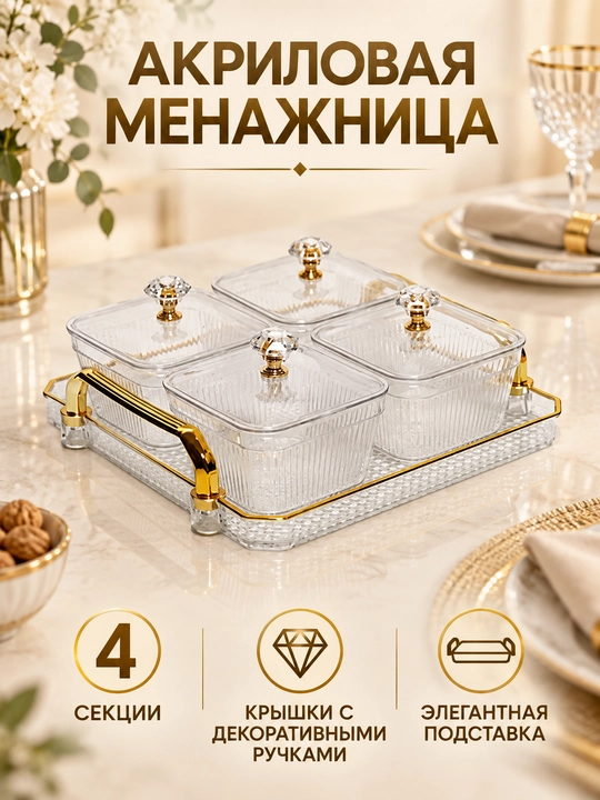 Акриловая менажница с крышкой и подставкой для орехов, сухофруктов и десертов