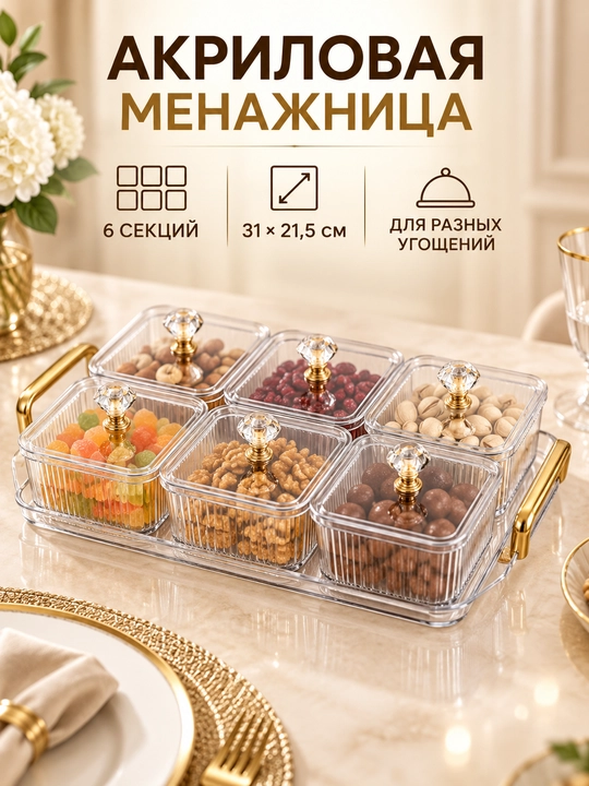 Акриловая менажница с крышкой и подставкой для орехов, сухофруктов и десертов