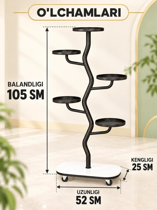 Gul podstavka, ko‘p qavatli metall g‘ildirakli model, 52×25×105 sm