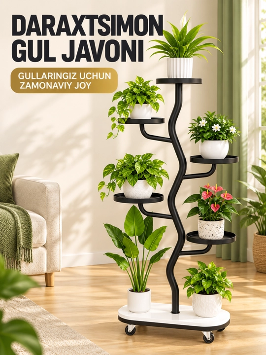 Gul podstavka, ko‘p qavatli metall g‘ildirakli model, 52×25×105 sm