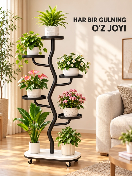 Gul podstavka, ko‘p qavatli metall g‘ildirakli model, 52×25×105 sm