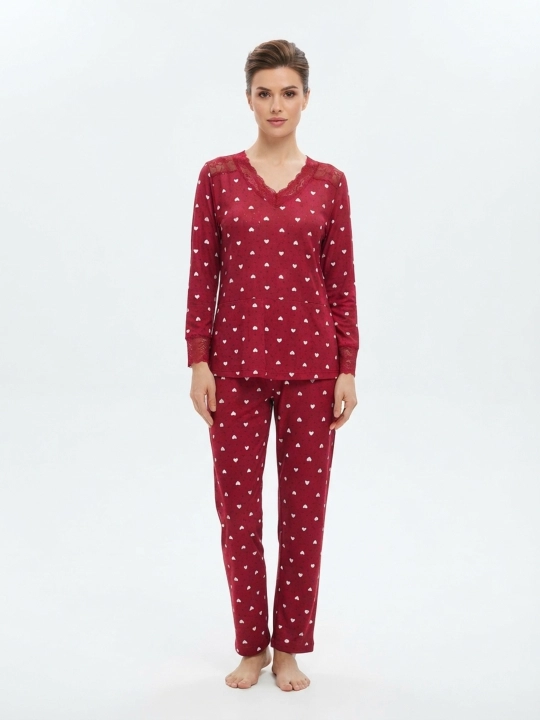 Ayollar pijama to‘plami, uzun yengli, to‘r bezakli, yurakchali, uzun shimli uy kiyimi