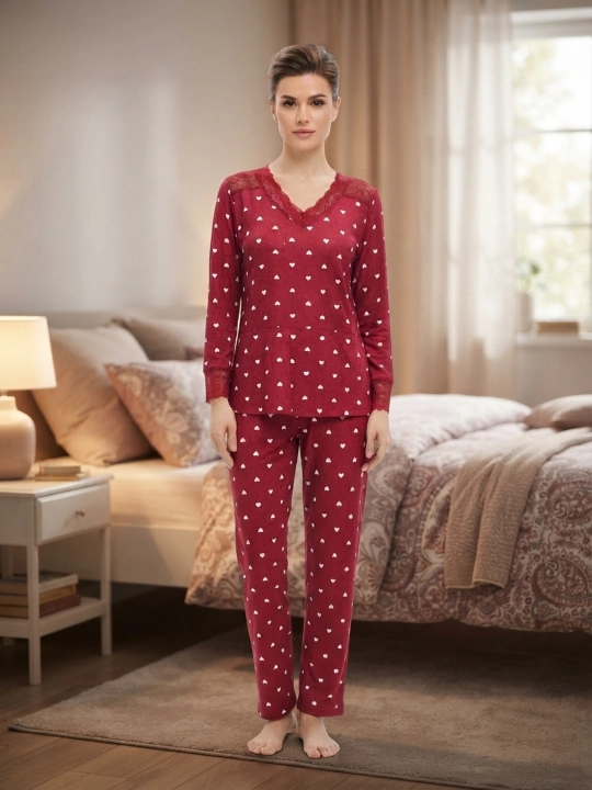 Ayollar pijama to‘plami, uzun yengli, to‘r bezakli, yurakchali, uzun shimli uy kiyimi - 