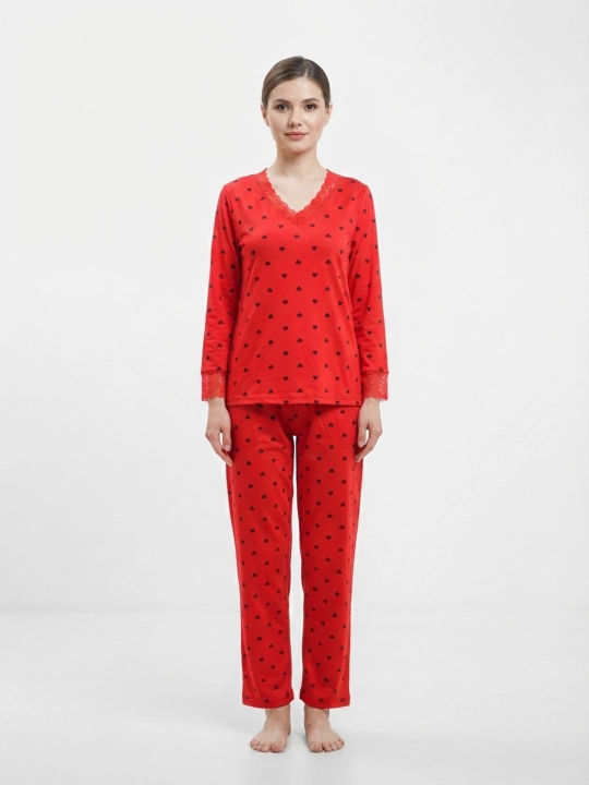 Ayollar pijama to‘plami, uzun yengli, to‘r bezakli, yurakchali, uzun shimli uy kiyimi