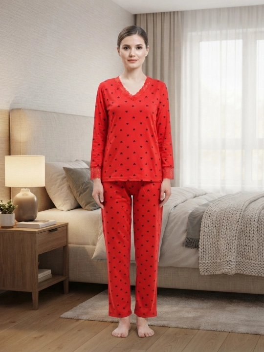 Ayollar pijama to‘plami, uzun yengli, to‘r bezakli, yurakchali, uzun shimli uy kiyimi - 