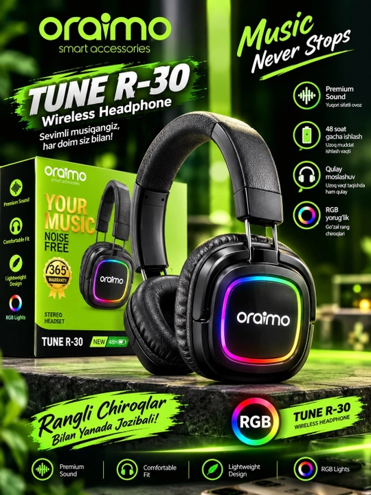 Oraimo TUNE R-30 беспроводные Bluetooth-наушники с RGB-подсветкой - 